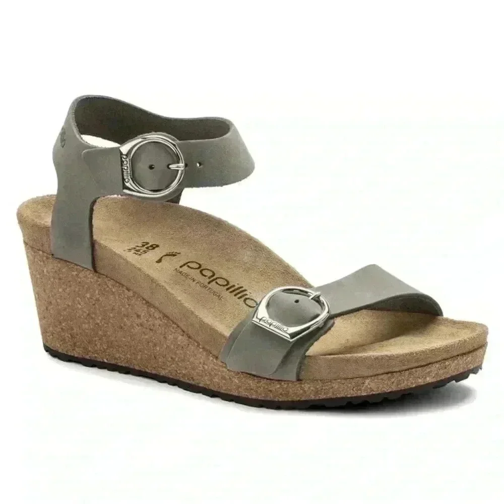NEW Birkenstock Papillio Soley Nubuck Dove Gray Leather Wedge Sandals EU39 US8